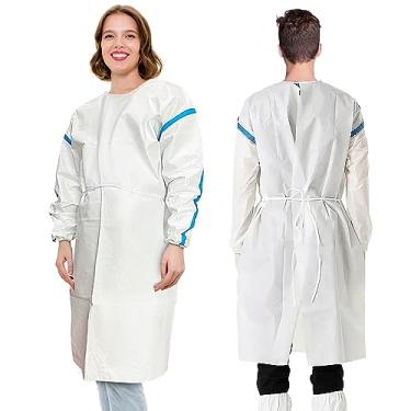 Imagem de EZGOODZ Vestidos descartáveis hospitalares com mangas tamanho PP microporoso EPI vestidos de isolamento médico descartáveis 50 g/m2, vestidos médicos impermeáveis para mulheres e homens com pulsos