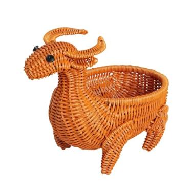 Imagem de ＫＬＫＣＭＳ Cesto trançado em formato de animal, fruteira, porta-lanches e frutas, leve, imitação de rattan para sala de estar, casa e cozinha, Vaca