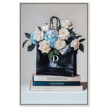 Imagem de Art Remedy Bolsa de compras em creme e azul marinho, arte de ilustração glamourosa, moldura prateada, 40,6 cm x 61 cm