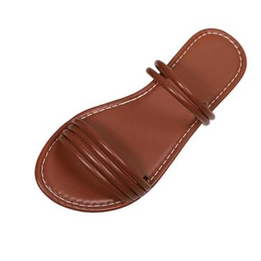 Imagem de Sandália feminina com duas alças para praia, casual, sem salto, confortável, para uso ao ar livre, 2026, versátil, calçado de verão, Marrom, 34