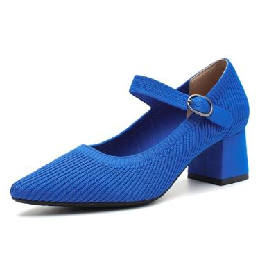 Imagem de Peijely Sapatos femininos de malha baixa e grossa, salto Mary Jane, bico fino, fechado, confortável, para trabalho, Azul royal, 36
