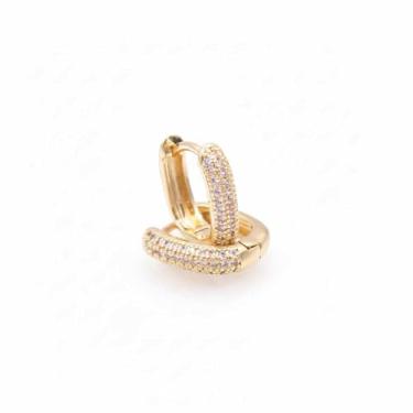Imagem de Brinco Argola Retangular c/Zircônia 3 Coluna 14X15MM Banhado em ouro 18k