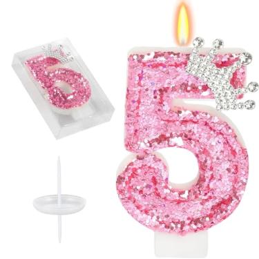 Imagem de Velas de aniversário de coroa rosa, velas com número de glitter para bolo número 3, topo de bolo para velas temáticas de jogos, decoração de aniversário, suprimentos para celebrações de aniversário (5