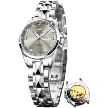 Imagem de OLEVS Relógio feminino automático, azul, dois tons, calendário, mecânico, diamante, moderno, impermeável, relógio de pulso feminino, Relógio cinza 3262, relógio feminino