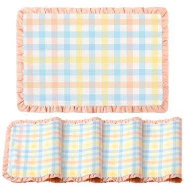Imagem de Frienda Jogo americano pastel, conjunto de 6 jogos americanos azuis, rosa, amarelo, búfalo, xadrez, 35,5 x 50,8 cm, tapetes de mesa de primavera e páscoa com renda para decoração de festas de fim de