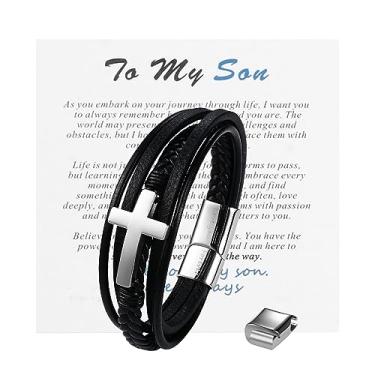 Imagem de Rofusn Pulseira masculina de couro cruzado, trançada, punho entrelaçado, corrente de aço inoxidável, joias presentes para meu filho, Aço inoxidável, Prata