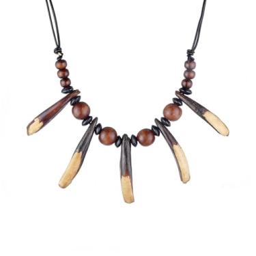 Imagem de Colar com pingente de osso de dente estilo boêmio étnico étnico vintage masculino e feminino com contas de resina, tecido à mão, corda ajustável, joia de amuleto tribal, sem pedra preciosa
