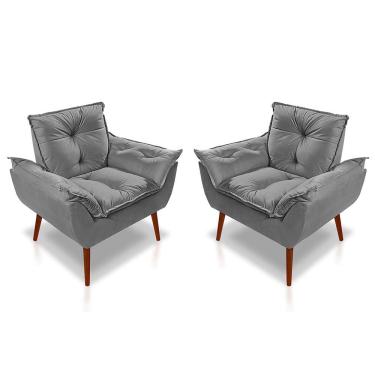 Imagem de Kit 02 Poltrona Opala Decorativa Suede Cinza Claro