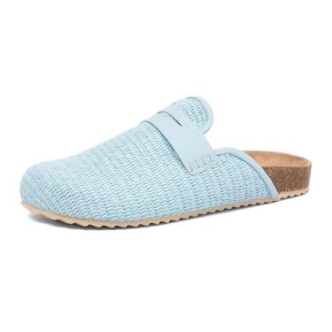Imagem de NEWBELLA Pantufas femininas de tecido mule – sapatos de cortiça deslizantes para casa, confortáveis para uso interno/externo com suporte de arco para casa e jardim, Azul, 36