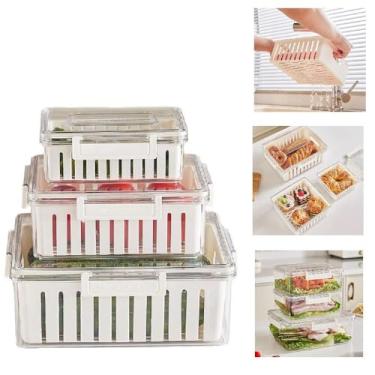Imagem de KIT 3 POTES HERMETICOS ORGANIZADOR GELADEIRA FRESH BOX COM CESTA ESCORREDOR REMOVIVEL ACRILICO MARMITA FRUTAS LEGUMES AL