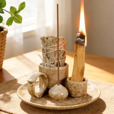 Imagem de Tnstbiee Tigela de cerâmica 5 em 1 de 10 cm - Suporte versátil de incenso e prato para manchas para Palo Santo e sálvia - Ideal para altar zen, meditação, ioga e aromaterapia - Design marrom fácil de