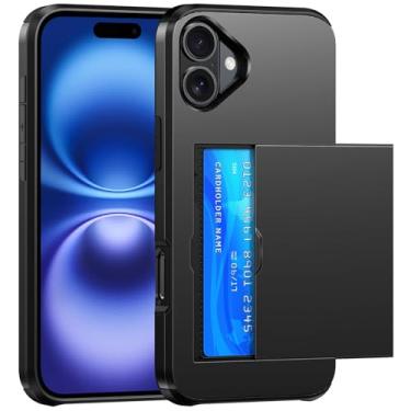 Imagem de SZSSZSM Capa carteira para iPhone 16 Plus com suporte para cartão, camada dupla, proteção de grau militar, à prova de choque, compartimento oculto para cartão, capa de telefone slim fit - preta