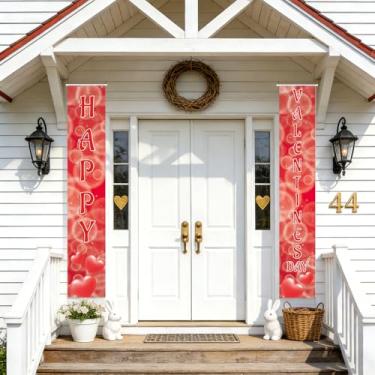 Imagem de Lednica Banner para porta dos namorados - 182 x 30 cm | Banner de Dia dos Namorados com bolhas de coração vermelho, adequado para decoração de dia dos namorados, varanda, quintal, ambientes externos