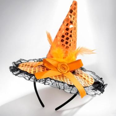 Imagem de ZeeDix Tiara laranja de penas de bruxa de Halloween - acessório de cabeça de bruxa para fantasia de Halloween, suprimentos de baile de máscaras