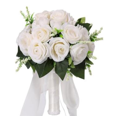 Imagem de Fockety Buquê de Rosas Artificiais para Casamento, Lindo e Elegante, Leve, Rosas Artificiais, Flores, buquê de, Decoração de Casamento para Noiva, Dama de Honra (WHITE)