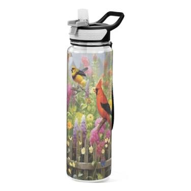 Imagem de Burbuja Garrafa de água Red Bird Flower de 946 ml com tampa de palha, à prova de vazamento e livre de BPA para academia, esportes ao ar livre