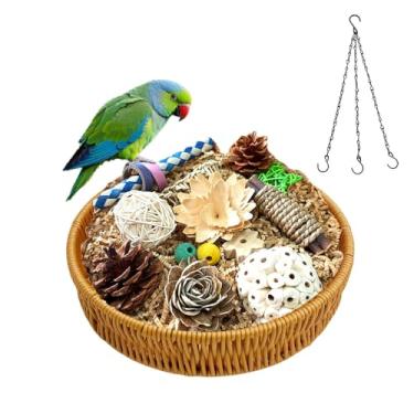 Imagem de ExcyphrXyf Brinquedo de papagaio para pássaros, caixa de forrageamento de pássaros de vime para calopsitas, periquitos, conures, pássaros do amor e papagaios pequenos a médios