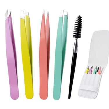 Imagem de Pinças para pelos faciais femininos, conjunto de 5 peças, kit de pinças, conjunto de pinças de sobrancelha, kit de pinças de precisão de aço inoxidável, pinças de sobrancelha com tesoura curva para