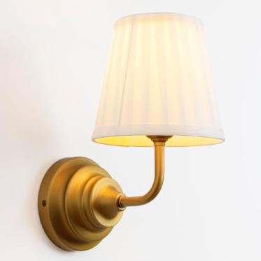 Imagem de Teqinchy Arandela de parede dourada vintage latão luminária de banheiro com sombra de tecido branco arandelas de parede moderna para quarto, sala de estar, banheiro, cozinha, interior E26