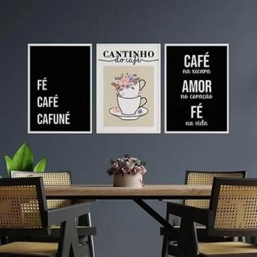 Imagem de Kit 3 Quadros Fé Café Cafuné 33X24Cm Com Vidro - Branca - Quadros On-L