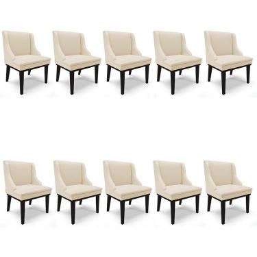 Imagem de Kit 10 Cadeiras Estofadas Sala De Jantar Base Fixa De Madeira Preto Lia Sintético Bege - Ibiza