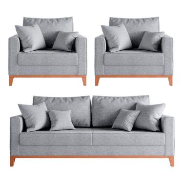 Imagem de Kit Sofá 2 Lugares E 2 Poltronas Beny Com Base De Madeira Linho Cinza