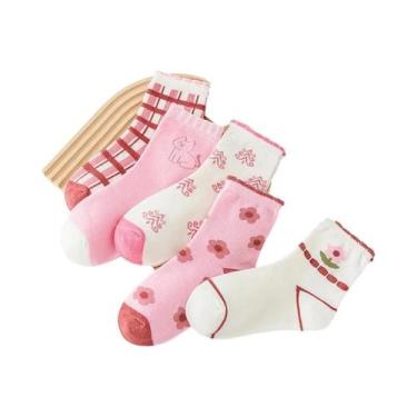 Imagem de Meias Infantis Quentes De Tricô Com Flores Rosas, 5 Pares, Meias Média