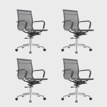 Imagem de Kit 4 Cadeiras para Escritório Diretor Giratória Aço Cromado Sidney Cinza