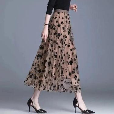 Imagem de Saia Floral Plissada De Cintura Alta Em Gaze, Modelo Evasê, Longa, Est