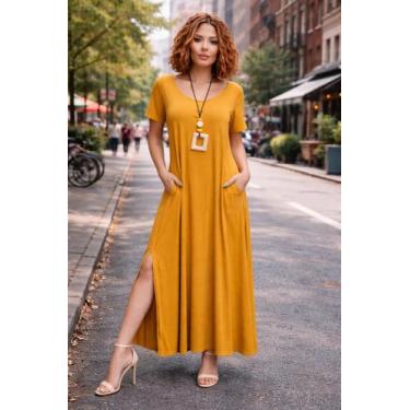 Imagem de Vestido Gola Canoa Com Bolso e Fenda Moda Femenina - modanascimento, M
