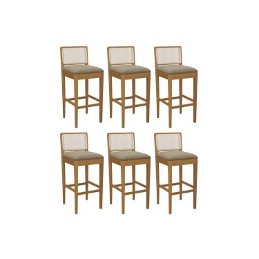 Imagem de Banqueta Cozinha Sara 1BMM005CA Premium Madeira Maciça Kit 6 Un Carvalho/Boucle Bege Fendi/Tela Bege Kappesberg