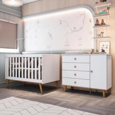 Imagem de Quarto de Bebê Berço 3 em 1 Retro Cômoda com Porta Fraldario Infantil 