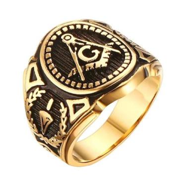 Imagem de Anel Maçônico De Aço Inoxidável 316L Dourado Com Cristais Bling Hip Ho