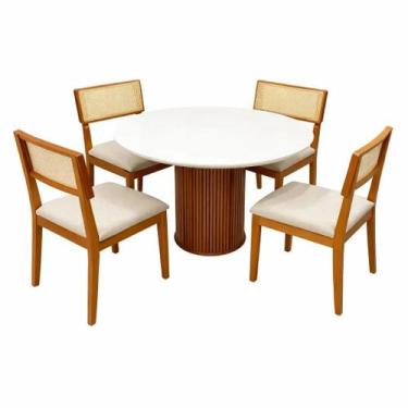Imagem de Mesa de Jantar Dara 110cm Redonda com Vidro e 4 Cadeiras Canada em Lin