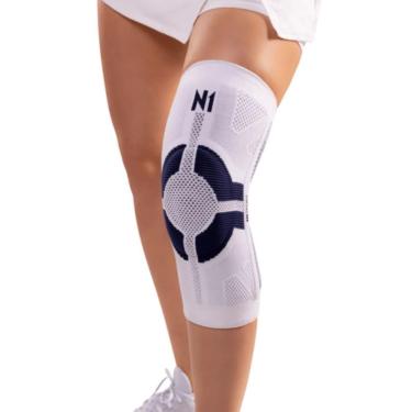 Imagem de Joelheira Esportiva Pro 20134 com Estabilização Avançada e Suporte Funcional Branco e Azul N1 Sport