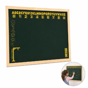 Imagem de Quadro Verde Infantil Pedagógico com Alfabeto Numeral e Jogo da Forca Moldura MDF 50X40CM