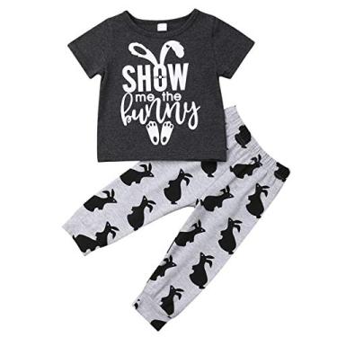 Imagem de Conjunto de Pijama Infantil Infantil Menina Menino Páscoa com Estampa de Letras e Calças de Coelho, Cinza, 6-12 Month
