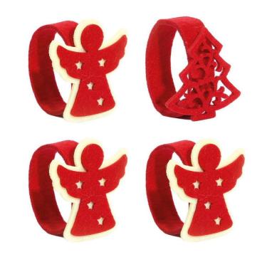 Imagem de Kit Porta Guardanapo Feltro Decorado Natal Anjo e Pinheiro Vermelho Anel 4 Peças - Magizi