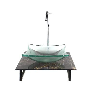 Imagem de KIT CUBA DE VIDRO QUADRADA 10MM INCOLOR COM TAMPO DE VIDRO 40CM X 40CM MÁRMORE IMPERDADOR E SUPORTE TORNEIRA VALVULA