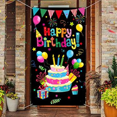 Imagem de Tatuo Capa de porta de feliz aniversário colorida para porta de aniversário, placa de varanda, fundo para fotografia de festa de aniversário, suprimentos para decoração de casa ao ar livre de aniversário