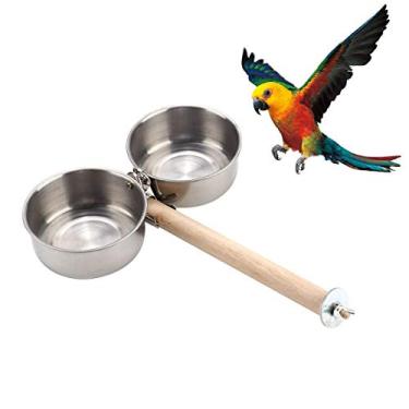 Imagem de Poleiro de pássaro com copos alimentadores, tigelas de aço inoxidável, inodoro, com suporte para pendurar na parte externa, dispensador de comida de água durável para periquitos, calopsitas, conure, acessórios de gaiola de arararara cinza africana (B-20 cm)
