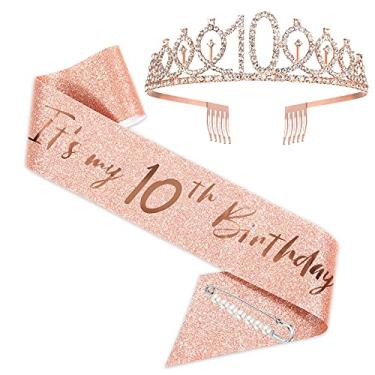 Imagem de Faixa e Tiara de aniversário de 10 anos para meninas, coroa de aniversário em ouro rosa 10 e fabulosa faixa e tiara para meninas, presentes de 10 anos para lembrancinhas de festa de 10 anos