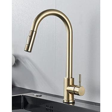 Imagem de Torneira de cozinha de níquel escovado com furo único, bico removível para pia de cozinha, torneira misturadora, cabeça de pulverização, torneira misturadora cromada/preta, ouro escovado D