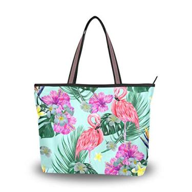 Imagem de Bolsa de ombro feminina My Daily com flores tropicais de flamingo, folhas de palmeiras, Multi, Large