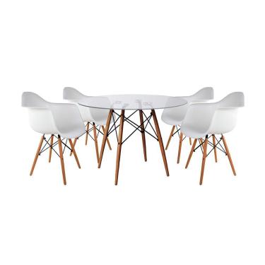 Imagem de Mesa Sala de Jantar Eiffel Eames Redonda Vidro 90cm com 4 Poltronas Brancas Base Madeira Maciça