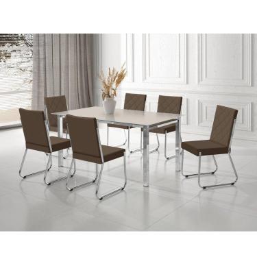 Imagem de Conjunto Sala de Jantar Mesa Ortenia Tampo Vidro com 6 Cadeiras Dinah New Cromado/Marrom