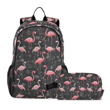 Imagem de CHIFIGNO Mochila escolar floral branca e verde com lancheira isolada para meninas e adolescentes, mochila escolar, Flamingo rosa retrô, One Size