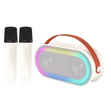 Imagem de XCPHGFM Mini máquina de karaokê com 2 microfones sem fio alto-falante portátil BT recarregável 10W HiFi LED luzes coloridas microfone portátil alto-falante de karaokê presentes para meninas meninos f