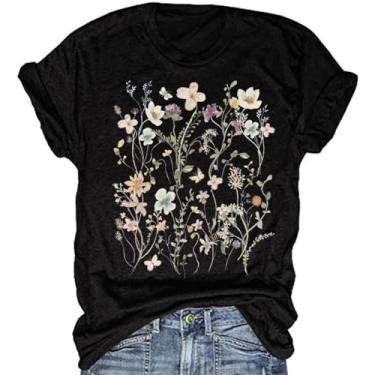Imagem de Camiseta feminina vintage floral casual boho estampa floral girassol flores silvestres camisetas para meninas, Z - preto, M