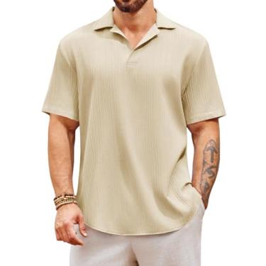 Imagem de Runcati Camisas polo masculinas manga curta gola V casual ajuste regular camisetas texturizadas macias, Cáqui claro, G